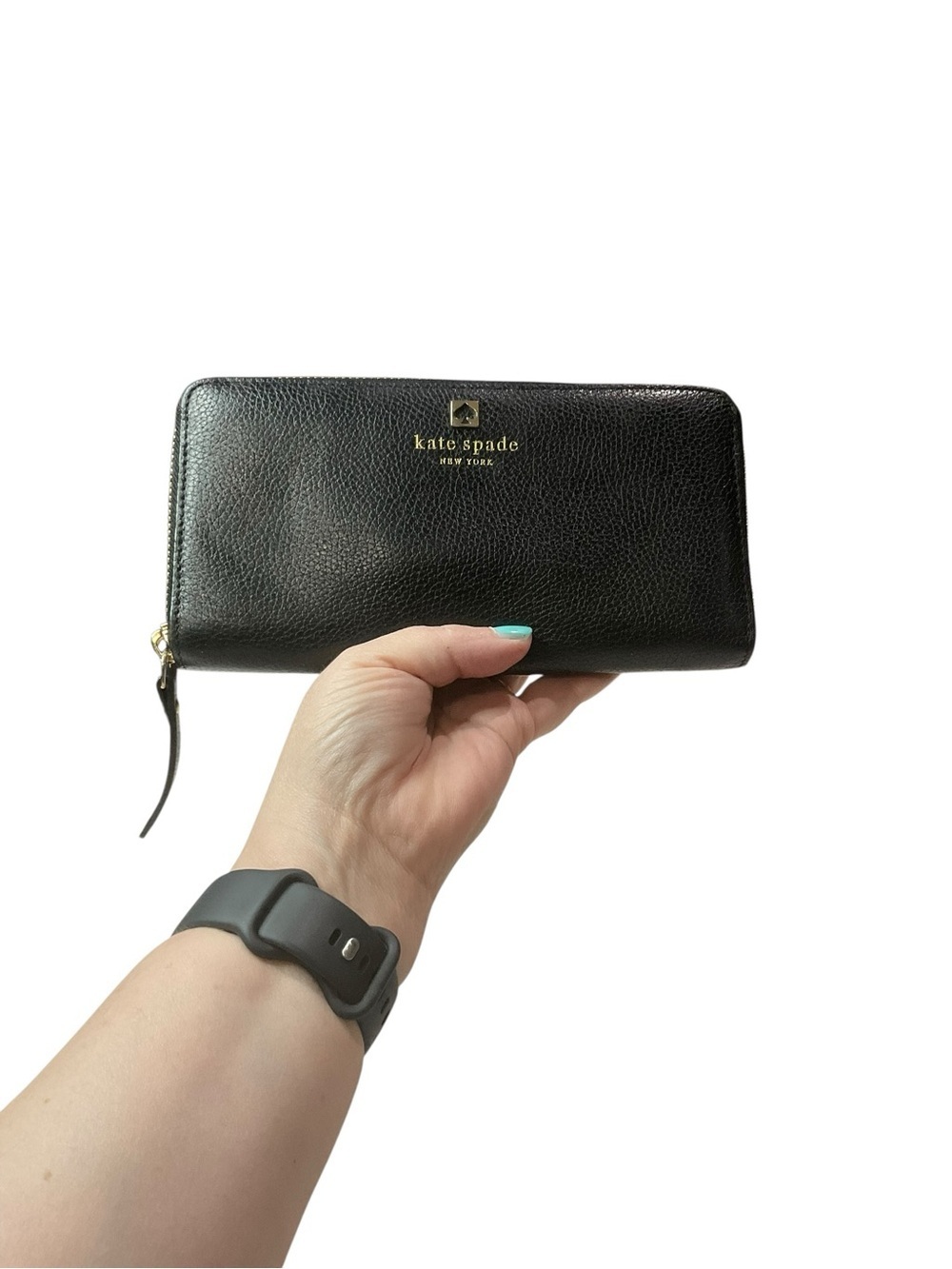 kate spade Black Pebbled Leather Zip-Around Wallet with Gold Logo - Picture 6 of 9
